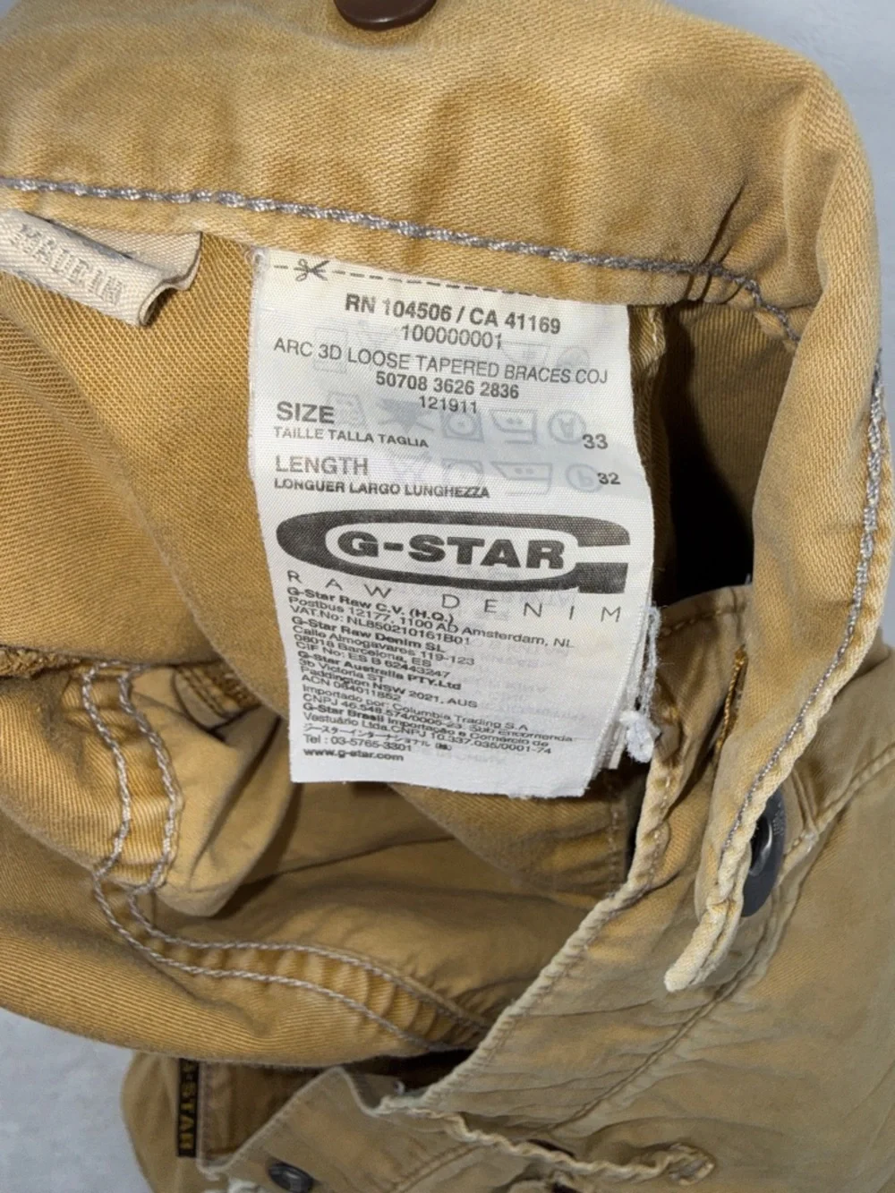 Men’s G-Star Raw Arc 3D Loose Tapered Braces COJ Jeans Size 33 Tall Chino Khaki - Picture 6 of 7